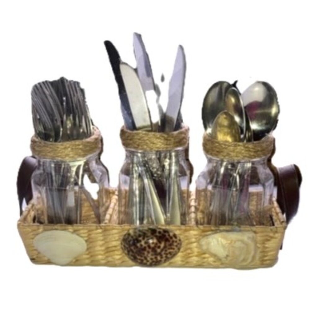 NAUTICAL SEASHELL Woven Basket with Glass Jars Display for Cutlery or Florals